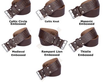 Embossed Brown Leather KILT BELT - Custom Size Kilt Belt - Handmade 2 Inches Wide - Double Prong Buckle - Premium Quality Leather Belt