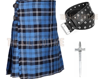 May include: A blue and black plaid kilt with a black leather belt and a silver kilt pin. The kilt has a pleated design and buckle closures. The belt has silver grommets. The kilt pin is shaped like a sword.
