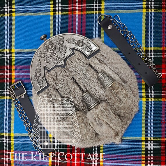 Sporran écossais Semi-habillé - Bourse Cuir Avec 3 Pompons Et Chaîne Laiton - Pour Kilt Homme