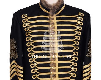 Premium Quality Black Wool Gold Braided Hussar Jacket - Military Uniform Style Tunic Jacket - Napoleonic Military Doublet - Made to Order