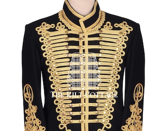 Black Wool Gold Braided Hussar Jacket - Military Uniform LARP Jacket - Napoleonic Military Doublet - Custom Size Premium - Hand Braided