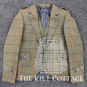 May include: A brown, green, and blue plaid kilt jacket with a black lining. The jacket has a single button closure and two pockets. The jacket is made of wool and has a traditional kilt design. The text "The Kilt Cottage" is printed on the bottom of the jacket.