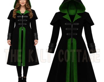 Women Gothic Hooded Velvet Coat - Female Black & Green Steampunk Vampire Trench - Ladies Long Flare Witchy Victorian Jacket - Gift For Her