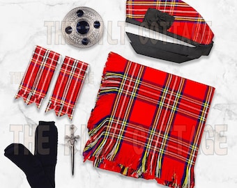 May include: A collection of Scottish Highland attire, including a red and yellow plaid scarf, matching hat with a black bow, and a silver brooch with a blue center. Also included are red plaid flashes, black socks, and a decorative dagger.