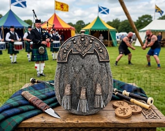 Scottish Thistle Sporran – Brass Cantle with Grey Fur Body & Matching Tassels