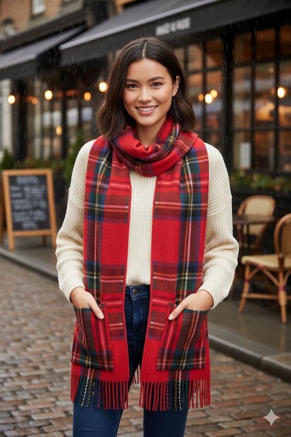 christmas dress scarves Scottish Tartan Pockets Scarf - Soft Winter Plaid Women Scarf - Warm Blanket Scarf Gift - Christmas Scarf Shawl Wrap