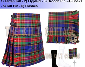 Scottish Tartan 8 Yards Kilt - Traditional Flyplaid with Brooch Pin - Higlanders Handmade Tartan Flashes - Kilt Pin & Socks - Made to Order