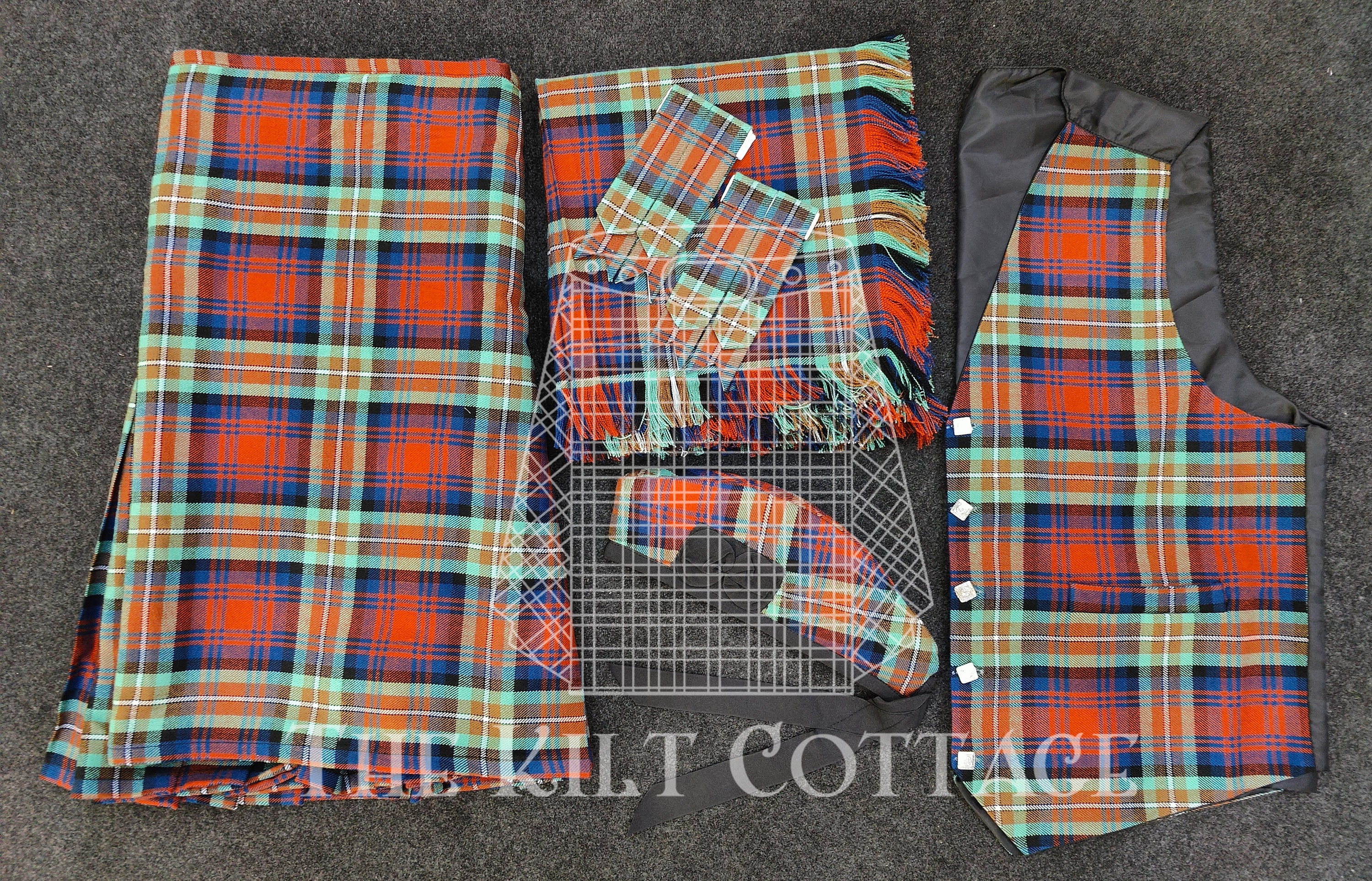 Scottish Men's Kilt Accessories Package - Traditional Tartan Fly Plaid - Military Piper Glengarry Caps - Scottish WaistCoat - Tartan Flashes