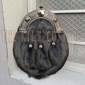 Scottish Full Dress Black Fur Sporran for Men - Belt & Strap - Celtic Cantle Sporran - Premium Handmade - Kilt Sporran - Black Leather