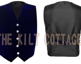 May include: A dark blue velvet waistcoat with silver buttons. The waistcoat has a pointed bottom and a V-neck. The back of the waistcoat is black.