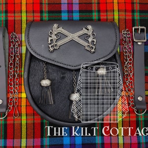 Scottish Semi Dress Sporran - Premium Handmade Kilt Sporran - Traditional Rampant Lion Emblem with Bovine Fur & Black Leather Men Sporran