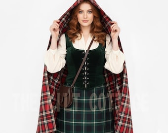 May include: A woman wearing a green velvet vest with a lace-up front, a green plaid skirt, and a red plaid hooded cape. The cape is lined with a red and black plaid pattern. A brown leather bag is worn across the body.