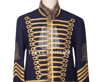 Premium Quality Navy Blue Wool Gold Braided Hussar Jacket - Military Uniform Style Tunic Jacket - Napoleonic Military Doublet - Men's Jacket
