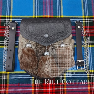 Scottish Black Leather Semi Dress Sporran - Brown Rabbit Fur Sporran - Traditional KILT SPORRAN for Men - Handmade Leather Kilt Sporran