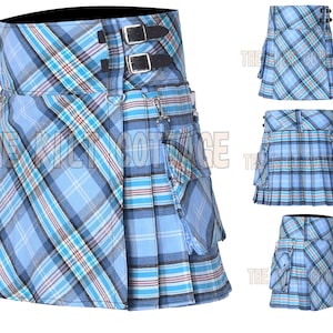 May include: A blue and white plaid utility kilt with a black belt and buckles. The kilt has a large cargo pocket on the side.