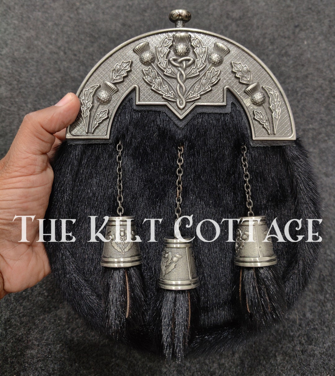 thumbnail image 2 of Scottish Full Dress Kilt Sporran - Brown Fur With Shamrock Cantle & Antique Chain Belt 2 of 5