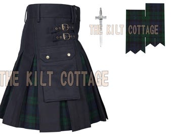 Men&#39;s Scottish Handmade Black Cotton Modern Hybrid Kilt - Tartan Pleated Custom Made Utility Kilt - Cargo Pockets - Tartan Flashes Kilt Pin