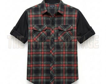 Camisa híbrida de franela escocesa para hombre - Negra, manga larga - Dos bolsillos - Conjunto utilitario - Cómoda camisa abotonada de estilo clásico - Ropa de trabajo diaria