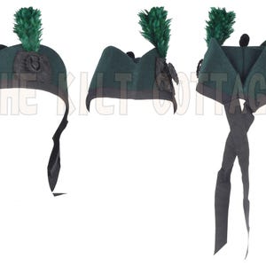 May include: Dark green Scottish Glengarry bonnet with a black band and a green feather plume. The bonnet has a black ribbon that hangs down. The Kilt Cottage is printed on the image.