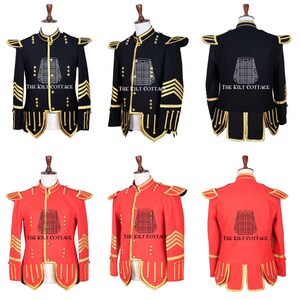 May include: Six different views of a black and red military-style jacket with gold trim and buttons. The jacket has a high collar and a double-breasted closure. The text "THE KILT COTTAGE" is printed on the back of each jacket.