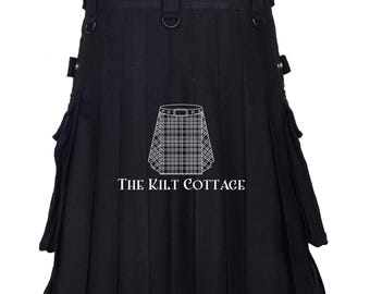 Solid Black Tartan Utility Kilt for Men - Traditional Highlanders Casual Utility Kilt - Mens Cargo Pockets Tartan Kilt for Men