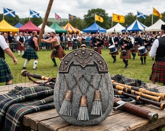 Scottish Thistle Sporran – Copper Broze Brass Cantle with Grey Fur Body & Matching Tassels