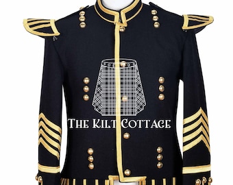 Scottish Piper Drummer Doublet Jacket - Military Tunic For Men - Bagpiper Marching Parade Jacket - Black Wool Gold Braided - Custom Made