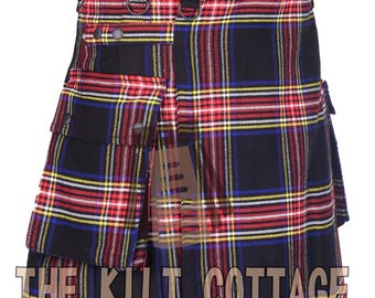Traditional Scottish - Black Stewart Tartan Utility Kilt for Men - Highlanders Utility Kilt - Men's Cargo Pockets Tartan Kilt - Casual Kilt