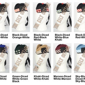 May include: Ten different styles of black, white, red, blue, green, khaki, and maroon diced Scottish hats with a checkered pattern.