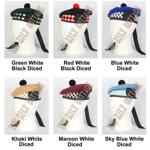 May include: Six different colored Scottish kilts with a checkered pattern. The kilts are displayed on a mannequin head with a black strap.