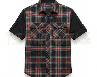 Herren Hybrid Flanell Tartan Hemd - Schwarz, Lange Ärmel - Zwei Taschen-Utip-Outfit - Tradition Bequeme Button-Up-Tägliche Workwear Kleid