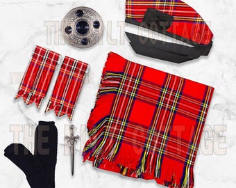 May include: A collection of Scottish Highland attire, including a red and yellow plaid scarf, matching hat with a black bow, and a silver brooch with a blue center. Also included are red plaid flashes, black socks, and a decorative dagger.