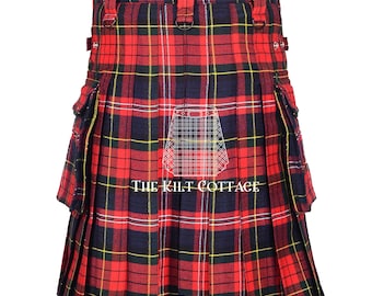 May include: A traditional Scottish kilt in a vibrant red, navy blue, and yellow tartan pattern. The kilt features pleats, pockets, and adjustable straps. The text "THE KILT COTTAGE" is visible on the front. This garment is a classic piece of Scottish attire.