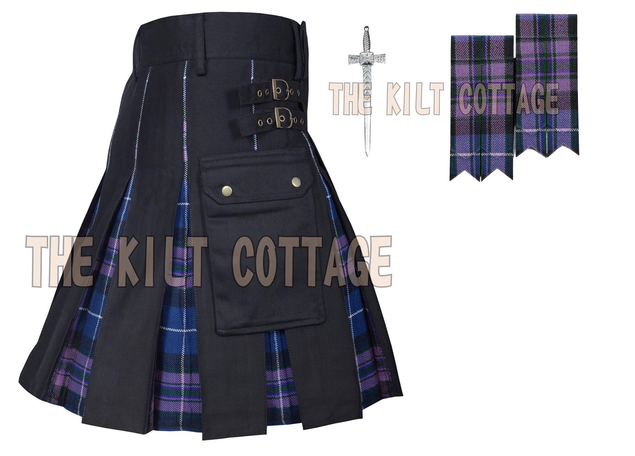 Men's Scottish Handmade Black Cotton Modern Hybrid Kilt - Tartan Pleated Custom Made Utility Kilt - Cargo Pockets - Tartan Flashes Kilt Pin