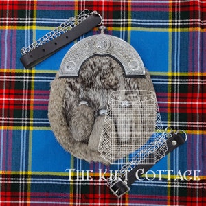 Scottish Traditional Premium Full Dress Sporran - Black Leather & Brown Rabbit Fur Sporran - Celtic Sporran - Kilt Sporran and Belt for Men