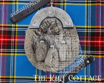 Abito completo tradizionale scozzese Sporran - Sporran in pelle nera e pelliccia di coniglio marrone - Sporran celtico - Kilt Sporran e cintura per uomo