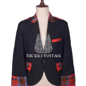 Schwarze Wolle und Tartan Jacke - Schottische Argyll Jacke mit einem Knopf - Premium Maßanfertigung Kilt Jacke - Weihnachts- und Hochzeitsgeschenk