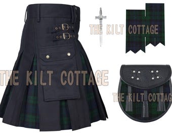 Men&#39;s Scottish Handmade Black Cotton Modern Hybrid Kilt - Tartan Pleated Custom Made Utility Kilt - Cargo Pockets - Tartan Sporran - Flashes