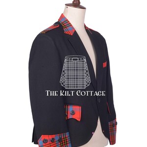 Schwarze Wolle und Tartan Jacke - Schottische Argyll Jacke mit einem Knopf - Premium Maßanfertigung Kilt Jacke - Weihnachts- und Hochzeitsgeschenk