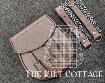 Kilt Sporran Tradizionale Scozzese Semi-Dress – Pelle Marrone Con Design Brough E 5 Nappe, Fatto A Mano Con Catena - 3