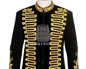 Black Velvet Gold Braided Hussar Jacket - Military Uniform LARP Jacket - Napoleonic Military Doublet - Custom Size Premium - Hand Braided