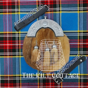 Scottish Traditional Premium Full Dress Sporran - Black Leather & Brown Rabbit Fur Sporran - Celtic Sporran - Kilt Sporran and Belt for Men