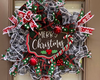 Black and white Christmas wreath, buffalo plaid Christmas wreath, farmhouse xmas wreath, deco mesh wreath, ribbon wreath, Christmas decor,