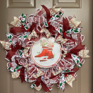 Ice skate holiday wreath, Christmas wreath, deco mesh wreath, retro xmas wreath, buffalo plaid ribbon wreath, holly Christmas decor