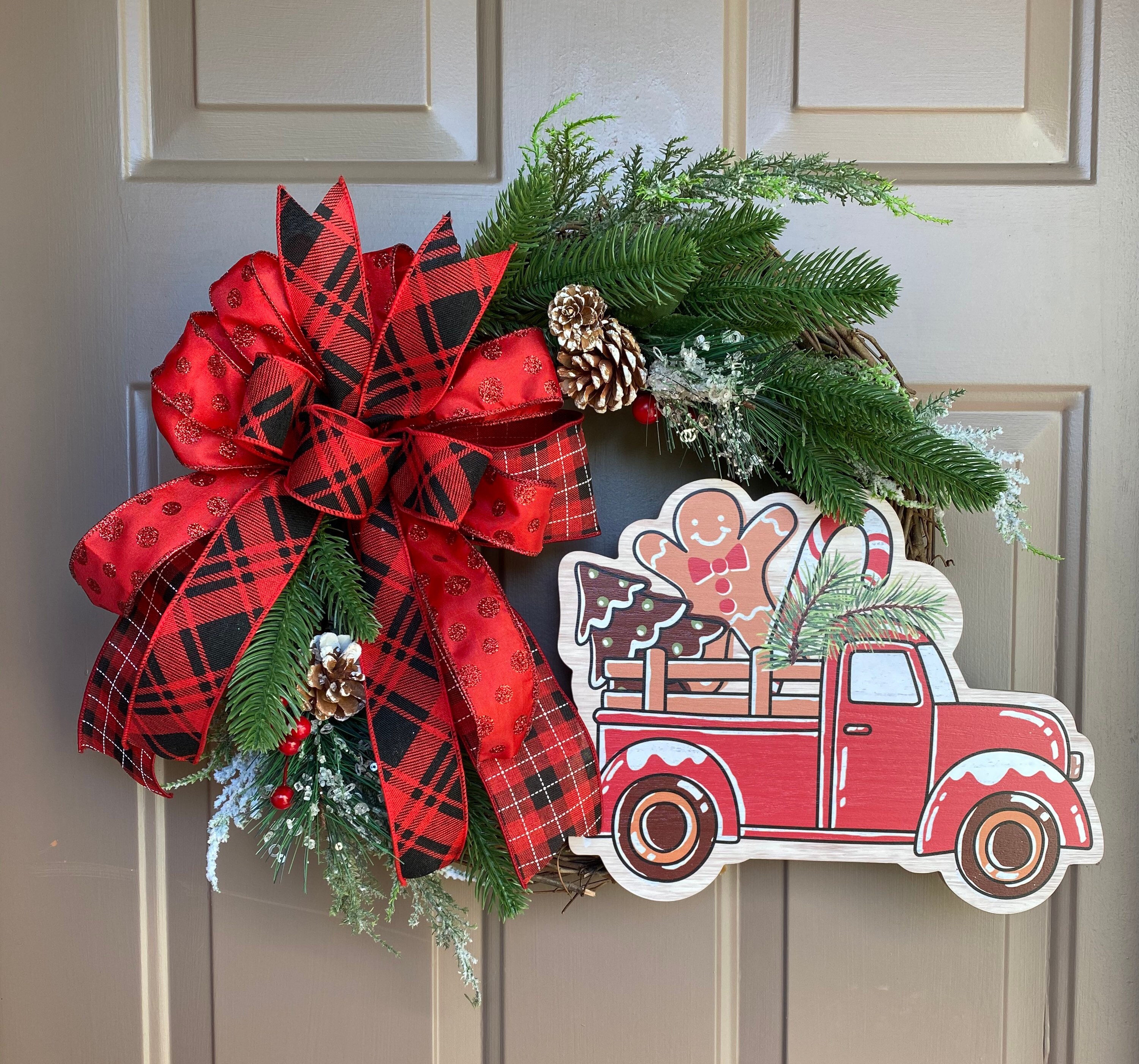 Red truck Christmas grapevine wreath wall hanging evergreen Etsy