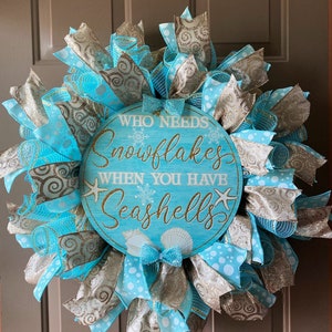 Nautical wreath, seaside door decor, beach wreath for Christmas, coastal deco mesh wreath, ocean ribbon wreath, Florida front door wreath,