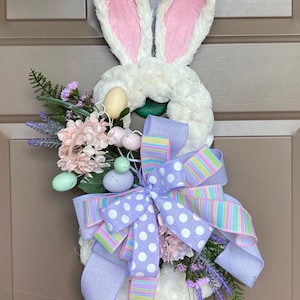 Easter bunny door decor, white sisal bunny wreath, bunny and Easter egg wall decor, white Easter bunny front door wreath, Easter decoration