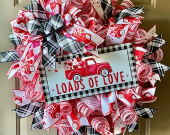 Valentine’s Day front door wreath, valentines red and white ribbon wreath, red truck and buffalo plaid heart door decor