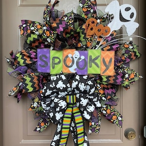 Halloween wreath, ghost deco mesh wreath, orange and purple spooky ribbon wreath, scary door decor, ghostly wall hanging, Halloween swag,