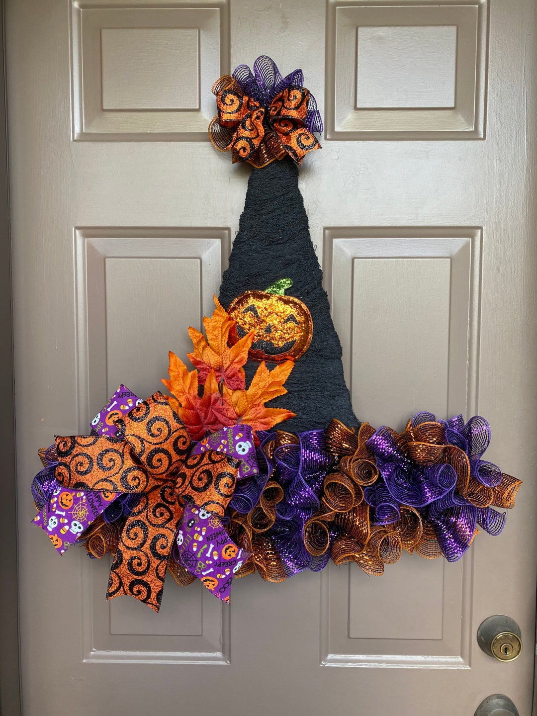 Halloween Wreath, Witch Hat Door Hanger, Deco Mesh Spooky Wall Decor ...